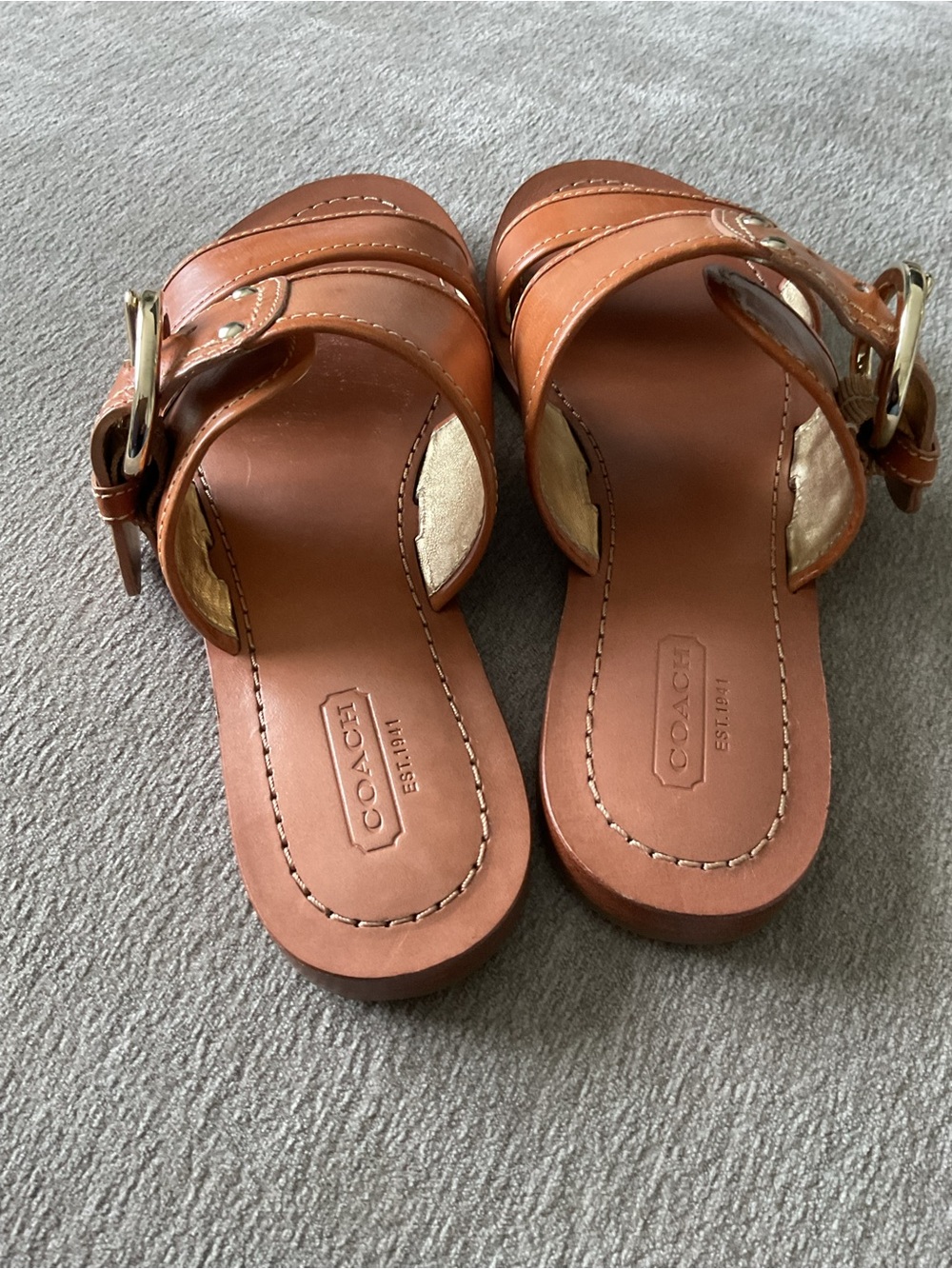 Coach Tan Leather Double-Strap Slide Sandals with Gold Buckle - Picture 3 of 9